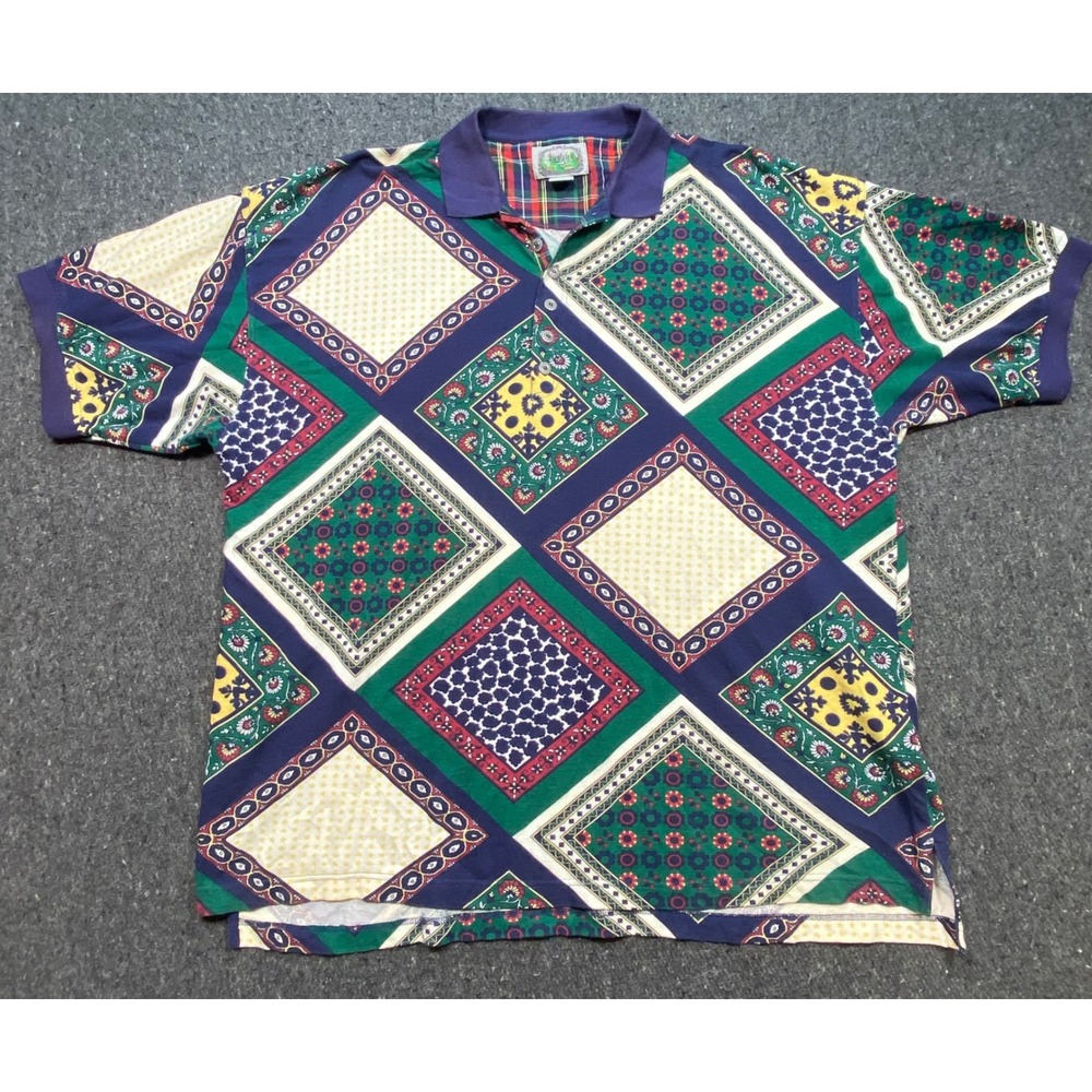 Siegfried Patchwork Geometric Polo Shirt Sz 2X Mens Multicolor 90s Retro TShirt